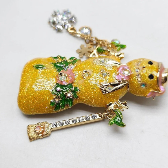 Kirks Folly Gold Snowman Brooch With Rhinestones Snowflakes Floral Accents - Picture 3 of 6